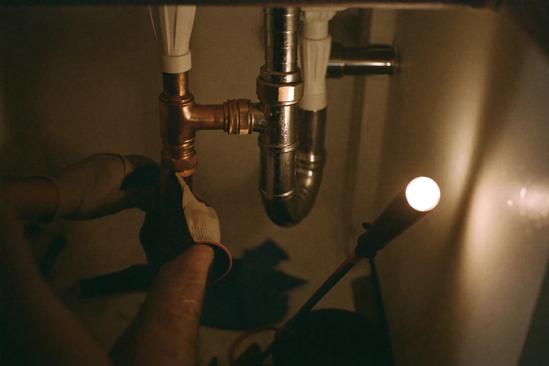 A plumber’s gloved hands tightening a compression fitting on a copper pipe in the cupboard under a kitchen sink, lit by a work torch.