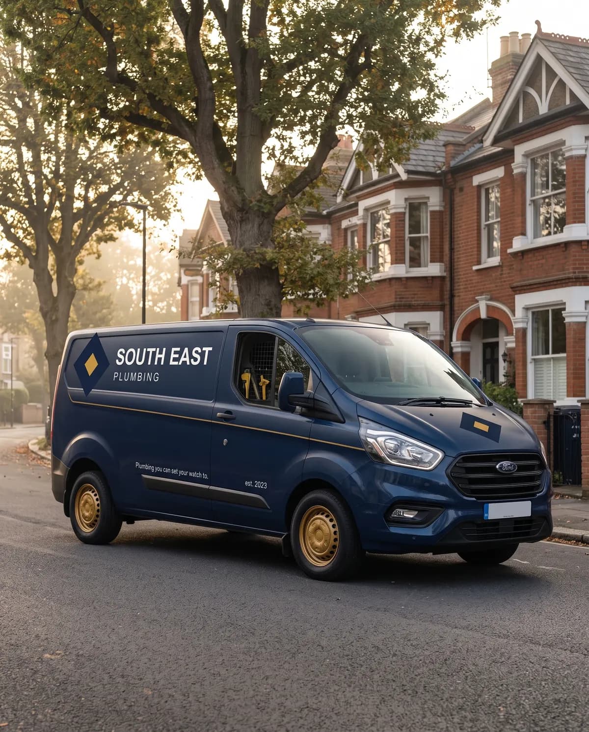 A navy South East Plumbing liveried van, branded with the diamond logo and 'Plumbing you can set your watch to', parked on a residential South East England street.